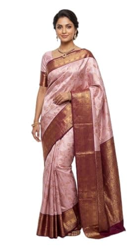 KAMLA CREATION Women's Kanjivaram Soft Silk Saree With Unstitched Blouse Piece 5.5 Metres (Dusty Pink & deep maroon)
