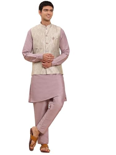 Pro-Ethic Style Developer Mens Indian Traditional Cotton Kurta Set With Jacquard Silk Jacket (Waistcoat) For Men (C-117) Pink XX Large