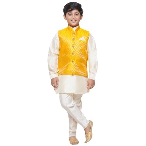 AJ DEZINES Boys Indian Wear Bollywood Style Kurta Pyjama Waistcoat for Kids (536_MUSTARD_2)