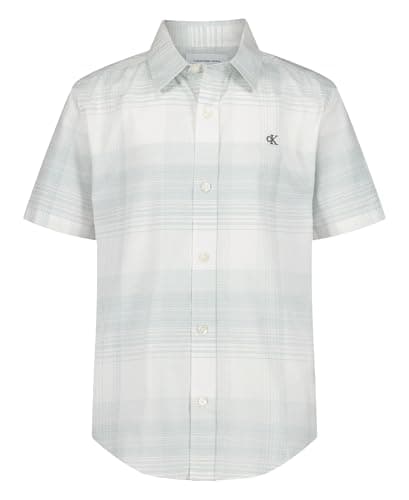 Calvin Klein Boys' Short Sleeve Woven Button-Down Shirt, Surf Green Intricate Plaid, 8