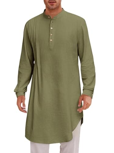 Runcati Mens Kaftan Thobe Cotton Linen Henley Shirt Long Sleeve Robe Casual Muslim Gown Kurta Army Green