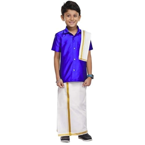 Chandrakala Boys Silk Blend Shirt with Kasavu Mundu, Dupatta & Dhoti Set | Kids Indian Traditional Party Wear | Bollywood Style Wedding Dress for Boys,2-3 Years Royal Blue-M (KB101ROY3)