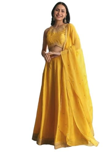 Indya Yellow Embroidered Blended Lehenga Choli for Wedding | Sleeveless | Crew Neck | Indian Ethnic Wear