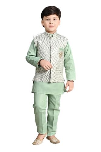 BT DEZINES Boys Ethnic Kurta Set with Sequinned Waistcoat | For 13-14Y Old Boys GREEN Cotton Blend Kurta, Trousers & Waistcoat | Festive Wear | Mandarin Collar | Traditional Indian Outfit