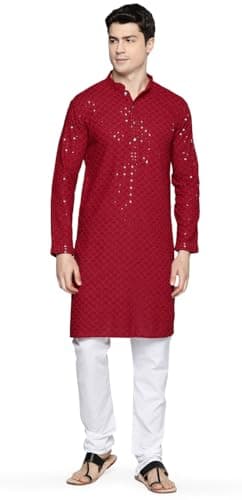 Indian Chikankari Sequined Cotton Men's Kurta Pajama Party Wear (Maroon, S)
