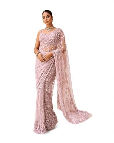 RETRO RETREAT COIN Women's Net Sequin Embroidery Sequence Saree Work With Unstitched Blouse Piece (Onion pink)