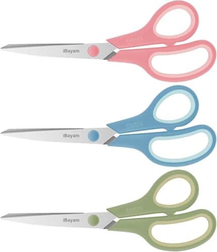 iBayam 8.5 Inch Scissors All Purpose Heavy Duty 3 Pack, 2.5mm Thick Ultra Sharp Blade Soft-Grip for Office Classroom School Cardboard Craft Desk, Left/Right Handed, Cute Pastel Pink Blue Green