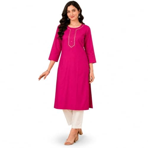 Ramkudi Womens Plain Cotton Kurti Top | Straight Fit Round Neck Kurta | 3/4 Sleeves Tunic Top | Casual Indian Kurti for Women Hot Pink