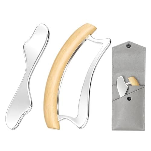 VKYOZVA Muscle Scraper Tool, 2 in 1 Stainless Steel Gua Sha Tool for Body with Wooden Handle, Muscle Scraper Scraping Massage Tools for Physical Therapy, Fascia Scrapers for Back Legs Arms Shoulder