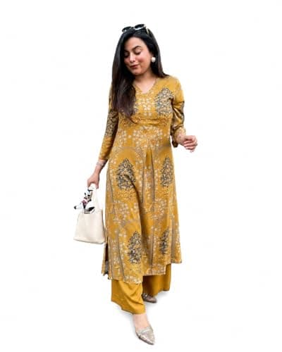 Women's Floral Printed Kurta Pant Set Ethnic Indian Straight Kurti with Palazzo Pants for Casual & Festive Wear Large Yellow
