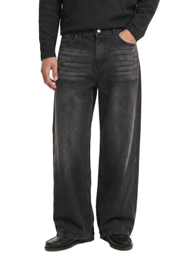 Comdecevis Baggy Jeans Men Wide Leg Loose Fit Denim Pants for Skater Streetwear Black Washed 34(M)