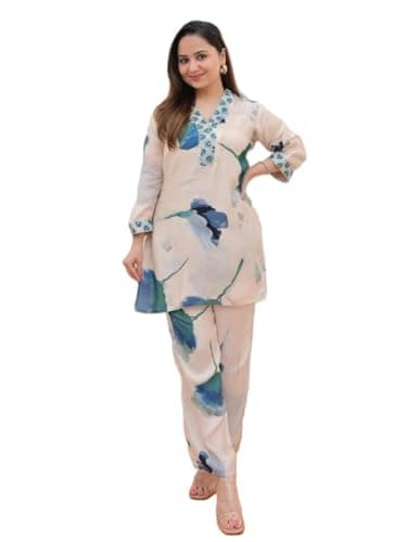 Aashita Creations Women Ethnic Kurta Set | Floral Printed Top & Pant Set | Kurta Set for Women | Co-Ord Set_111, Medium, Off-white