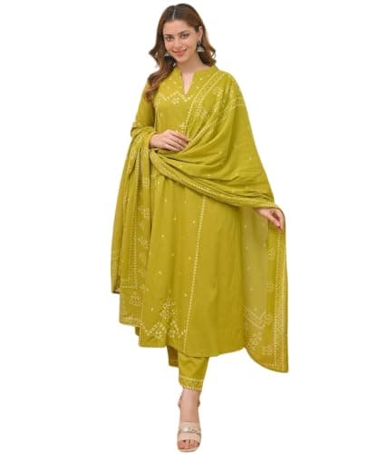 Women’s Cotton Bandhani Print Kurta Set with Dupatta and Pants, Ethnic Suit Set for Festive, Casual & Traditional Wear (US, Alpha, X-Large, Regular, Regular, Olive Green)
