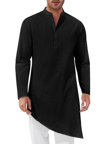 Runcati Mens Kaftan Robe Thobe Cotton Long Sleeve Henley Shirt Casual Muslim Gown Kurta Tops Black
