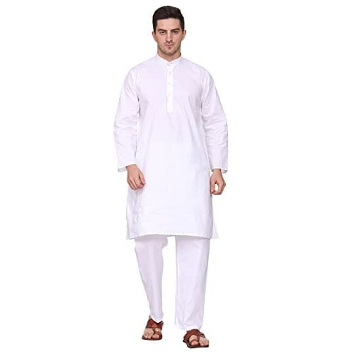 ITOS365 Men’s 100% Cotton Kurta Pajama Set | Solid Long Kurta with White Pajama Pants | Indian Traditional Ethnic Outfit for Wedding, Party & Festival (White) XL