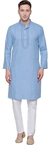 Cotton Embroidered Kurta Set Cotton Indian Clothes for Men (Sky Blue, XXL)