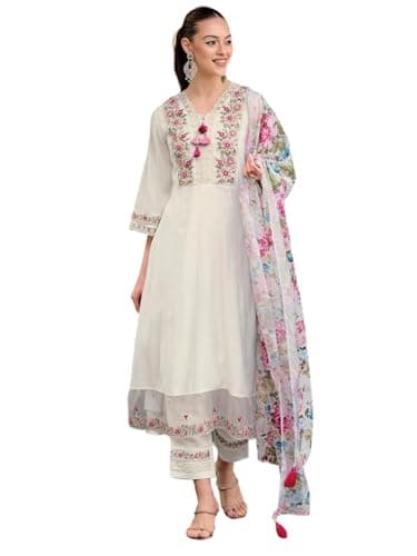 The Red Lion Enterprise women Anarkali White Suit Alia cut Flared kurti pant and Dupatta 3pc set salwar suit (US, Alpha, Large, Regular, Regular, White)