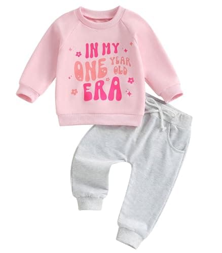 TheFound Toddler Girl Birthday Outfits Letter Print Crew Neck Long Sleeve Sweatshirts Top Long Pants 2Pcs Baby Girl Clothes (Gray ONE YEAR, 6-12 Months)