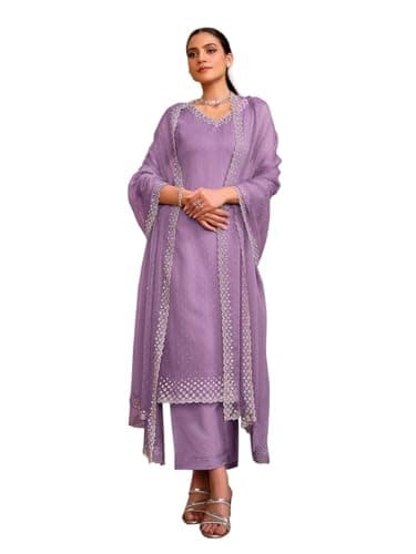 TRENDMALLS Women's Chiffon Siroski work Kurta Palazzo Set with Dupatta (G261-Purple-S)