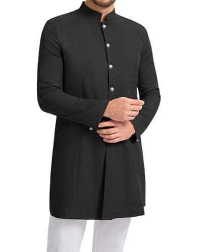YAOHUOLE Mens Kurta Sherwani Coats Indian Mens Islamic Thobe Caftans for Men Black XL