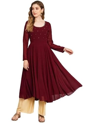 Indian Kurtis for Women Indian Ethnic Printed long Anarkali Kurta Top Tunic Party Wear Women Dress (Maroon, Large)