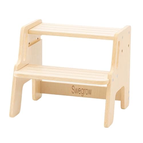Swegrow Wooden Step Stool,Height-Adjustable 2-Step Stool for Toddler & Kids,Kids' Step Stools with Safety Non-Slip Pads and Handles for Kitchen, Bedroom,Bathroom and Washroom (Wood Color)