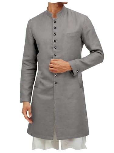 ONAXTDA Mens Stand Collar Linen Cotton Kurta Sherwani Coats Kaftan Spring Summer Micro Stretchy Long Outerwear Grey XXL
