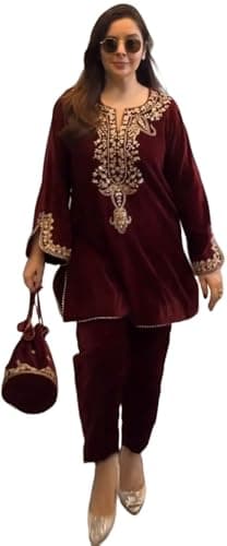 Fashion Gizz Velvet Embroidered Co-ord Set with Gold Embellishments, 2 Piece Set with Tunic, Kurta and Pants Maroon/42