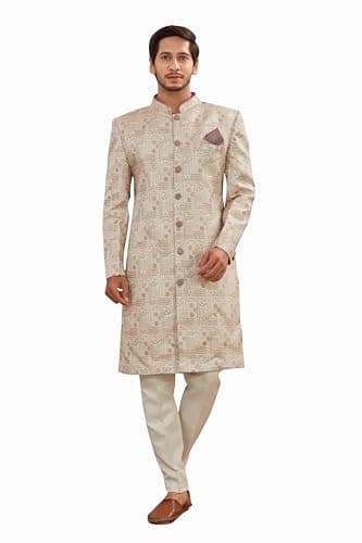 Shreyanvi Indian Designer Wedding Festive Wear Jacquard Indo-Western Sherwani Pajama Set For Men