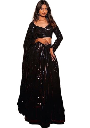 Indya Black Sequin Embroidered Georgette Lehenga Set – Long Sleeve for Party & Cocktail | V-Neck | Indian Ethnic Wear