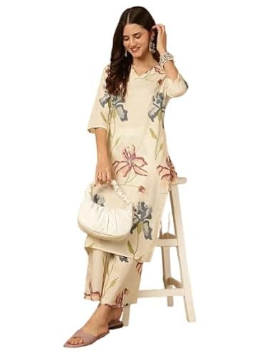 Floral Print Kurta and Palazzo Set, 3/4 Sleeve, White with Pink and Gray Iris Pattern, Casual Wear (Off White, Large)