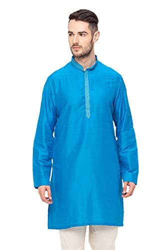 In-Sattva Men's Indian Embroidered Banded Collar and Placket Royal Kurta Tunic; Teal; XL