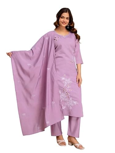 TRENDMALLS Women’s Chanderi Cotton Embroidery Sequence Work Kurta Pant with Dupatta Set (G508-LightPurple-S)