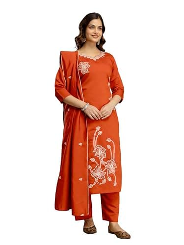 TRENDMALLS Women’s Chanderi Cotton Embroidery Work Kurta Pant with Dupatta Set (G503-Orange-3XL)