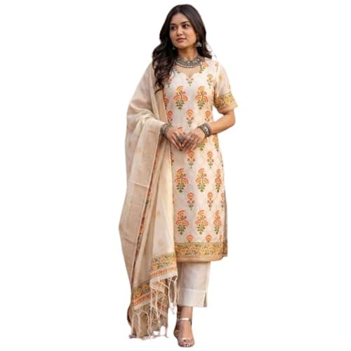 Women's Indian Ethnic Kurta Set with Dupatta | Embroidered Straight Kurta & Pants | Soft Comfortable Fabric | Traditional Outfit for Festivals & Parties - Cream Multicolor Embroidered - 3XL