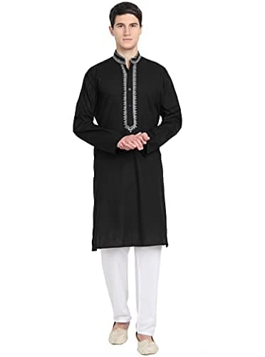 SKAVIJ Men's Pure Cotton Thread Work Kurta Pajama Set Woven Design Festive Party Dress (KP077black_Black_XL)