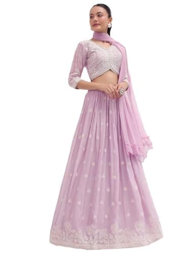 Indya Purple Georgette Embroidered Lehenga Choli Set for Wedding | 3/4 Sleeve | Sweetheart Neck | Indian Ethnic Wear
