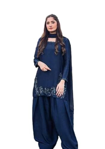 Indya Blue Embroidered Blended Punjabi Suit for Festive | 3/4 Sleeve | Collar | Salwar Kameez | Kurta Set