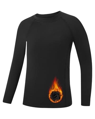 Runhit Youth Boys Compression Thermal Shirt Long Sleeve Fleece Base Layer Football Baseball Soccer Basketball Undershirt Cold Weather Gear Black M