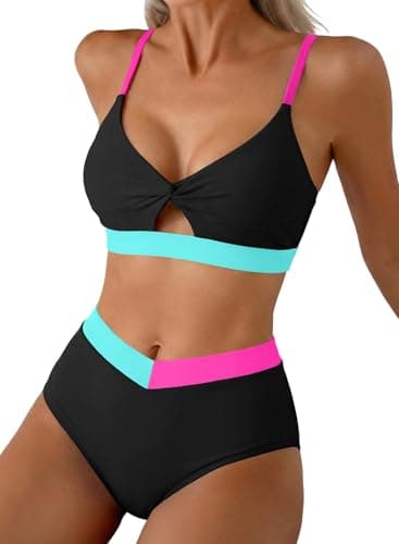 Herseas High Waisted Bikini Sets for Women Modest Two Piece Tummy Control Swimsuits V Neck Neon Color Block Bathing Suit Summer Beach Vacation Clothes Black Medium