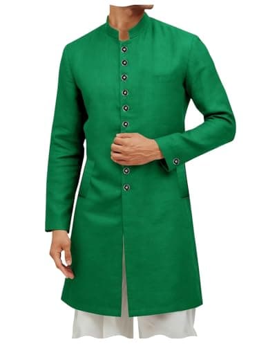 ONAXTDA Men's Casual Long Attire Ethnic Festive Party Stand Collar Cotton Linen Lightweight Kurta Sherwani Coats Kaftan Green 3XL