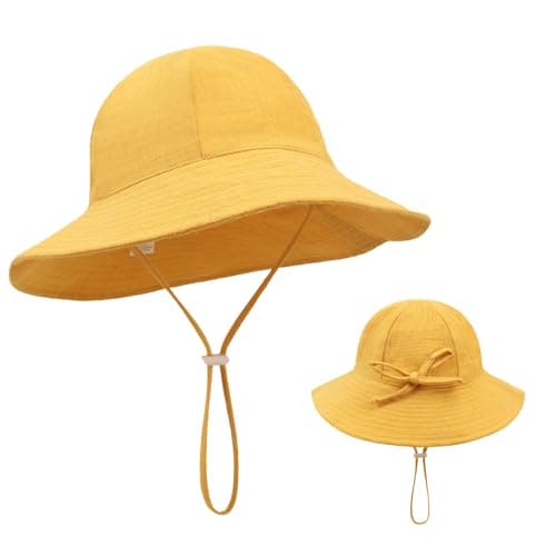 Baby Bucket Sun Hat UPF 50+ - Soft Cotton Adjustable Chin Strap with Wide Brim for Infants (US, Age, 3 Months, 12 Months, Yellow)