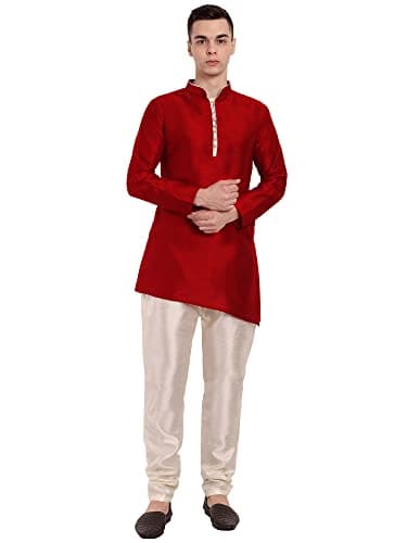 SKAVIJ Men's Art Silk Self Design Kurta Pajama Set Mandarin Collar 2-Piece Ethnic Festive Dress (KP071red_Red_L)