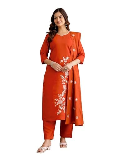TRENDMALLS Women’s Chanderi Cotton Embroidery Work Kurta Pant with Dupatta Set (G505-Orange-XL)
