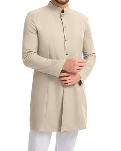 YAOHUOLE Islamic Thobe for Men Kurta Sherwani Coats Indian Traditional Nawab Jacket Khaki XL