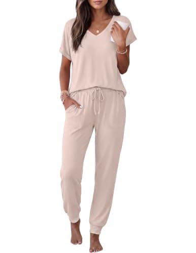 Ekouaer Pajamas for Women Cute Pjs Set Soft 2 Piece Lounge Sets Short Sleeve Sleepwear Jogger Pants,Champagne,Large