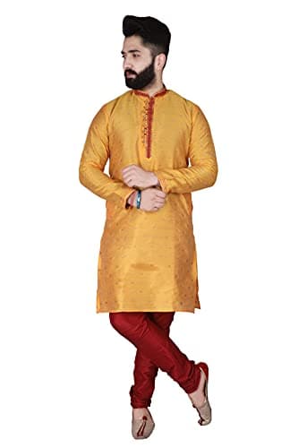 Pro-Ethic Style Developer Men's Silk Printed Kurta Set, Yellow (Large)