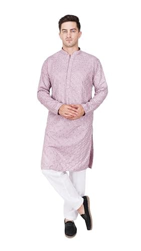 TRILOKI Mens Embroidered Sequined Kurta Pajama Set Rayon Ethnic Indian Traditional Wear Wedding Designer Ethnic Diwali Puja Kurta Payjama Set