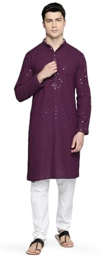 Mandarin Neck Men's Cotton Kurta Pajama Indian Party Dress (Purple, XL)