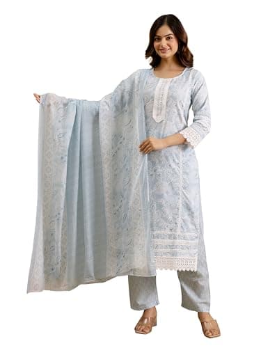TRENDMALLS Women's Pure Cotton Floral Printed Kurta Pant with Dupatta Set (G415-SkyBlue-3XL)